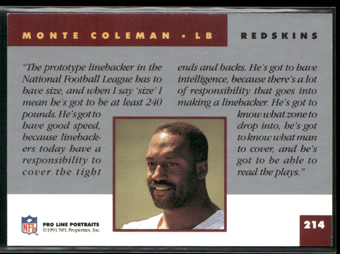 Monte Coleman 1991 Pro Line Portraits #214 Washington Redskins