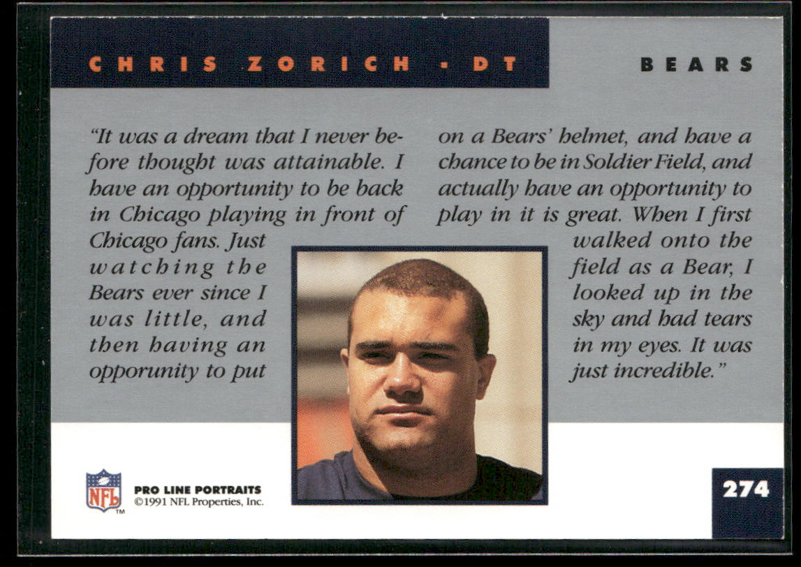 Chris Zorich 1991 Pro Line Portraits #274 RC Chicago Bears