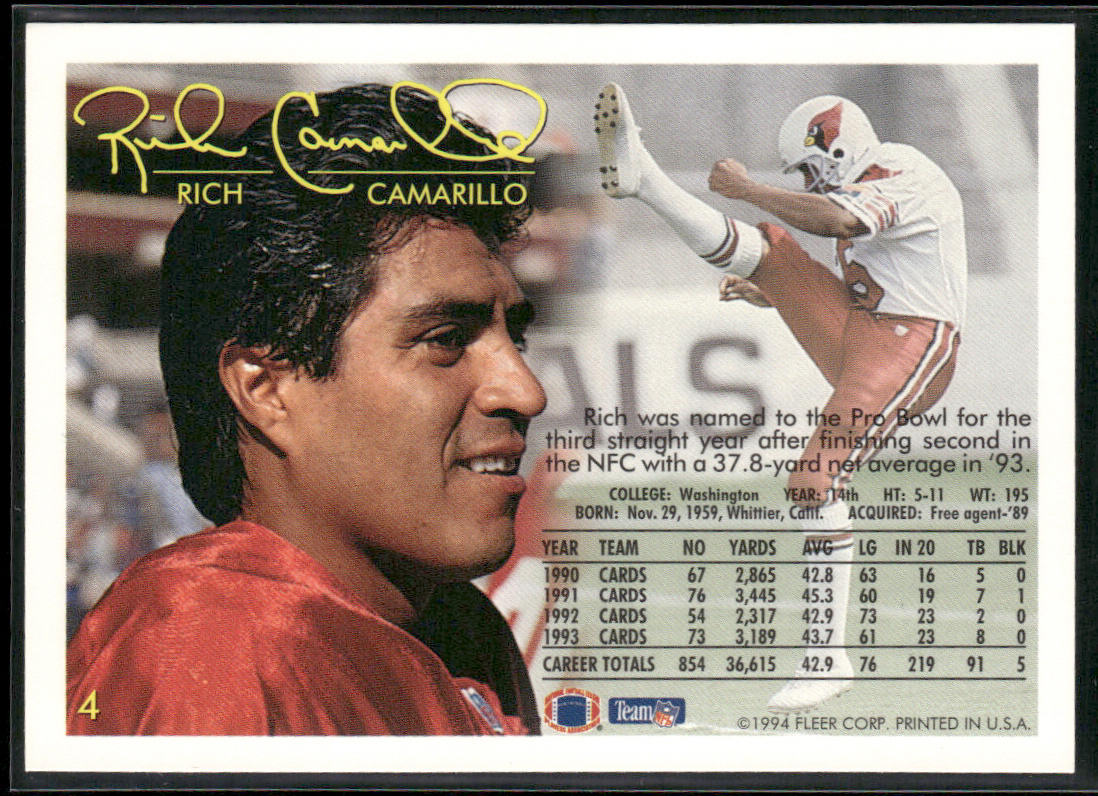 Rich Camarillo 1994 Fleer #4 Arizona Cardinals