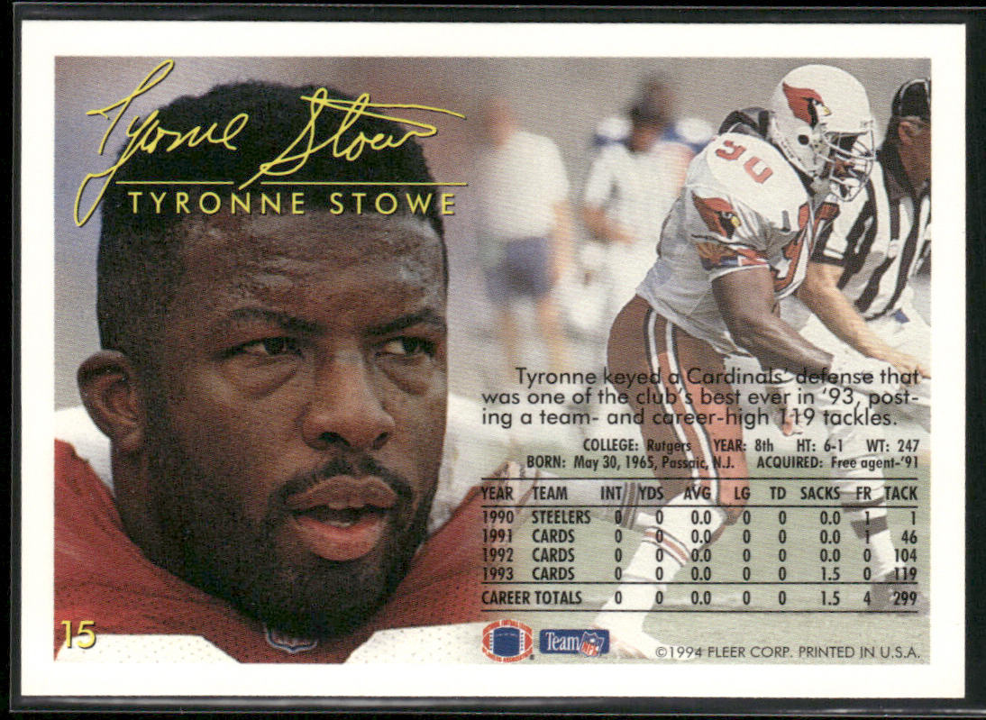Tyronne Stowe 1994 Fleer #15 Arizona Cardinals