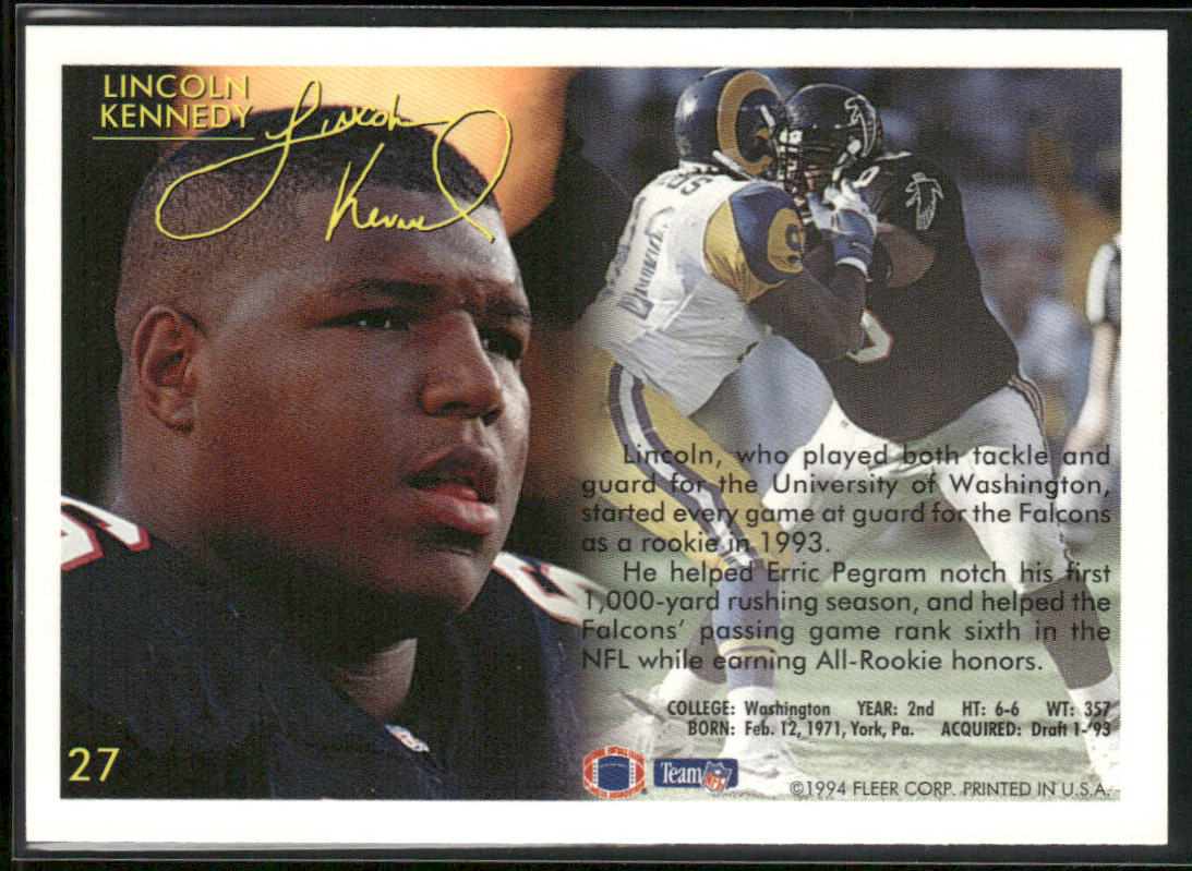 Lincoln Kennedy 1994 Fleer #27 Atlanta Falcons