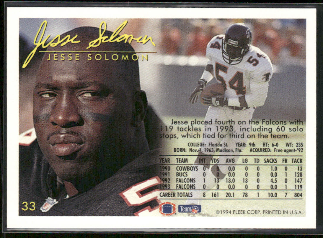 Jesse Solomon 1994 Fleer #33 Atlanta Falcons