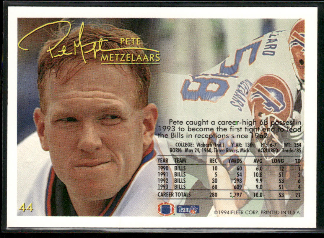 Pete Metzelaars 1994 Fleer #44 Buffalo Bills