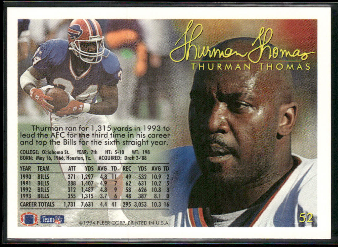 Thurman Thomas 1994 Fleer #52 Buffalo Bills