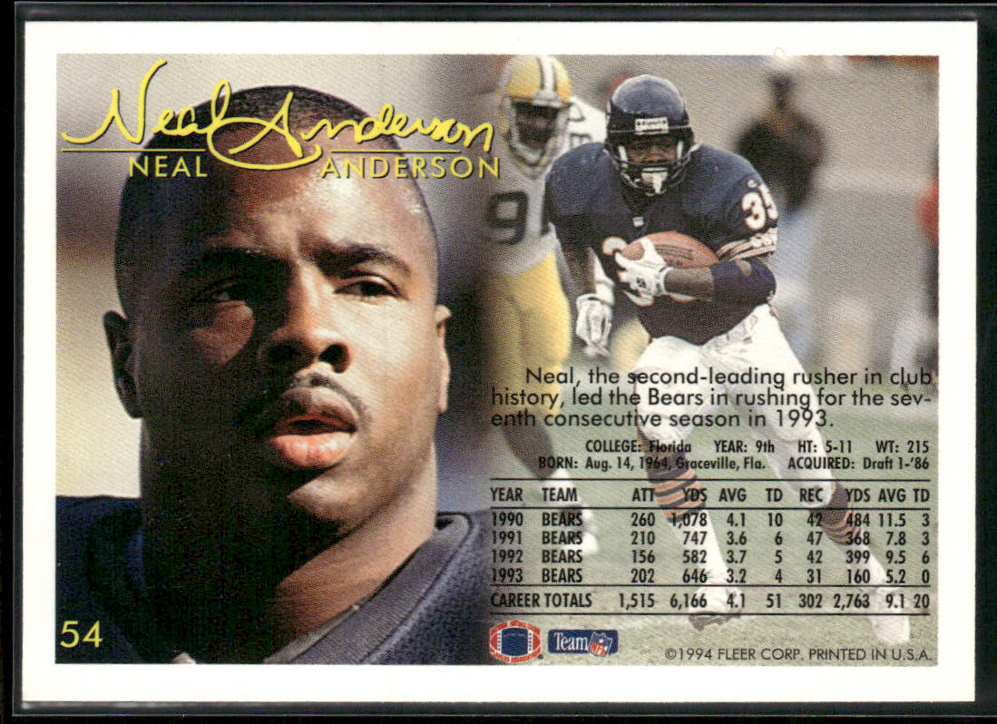 Neal Anderson 1994 Fleer #54 Chicago Bears