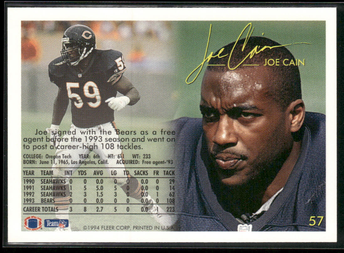 Joe Cain 1994 Fleer #57 RC Chicago Bears