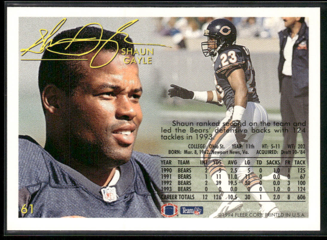 Shaun Gayle 1994 Fleer #61 Chicago Bears