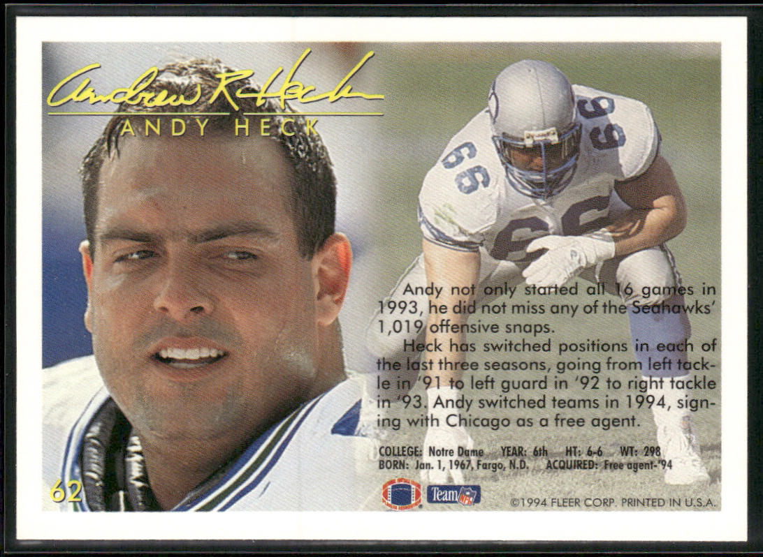 Andy Heck 1994 Fleer #62 Chicago Bears