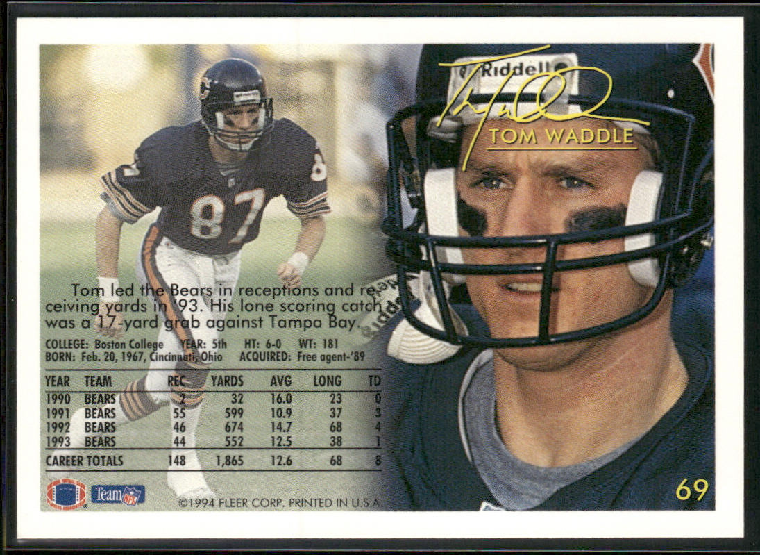 Tom Waddle 1994 Fleer #69 Chicago Bears