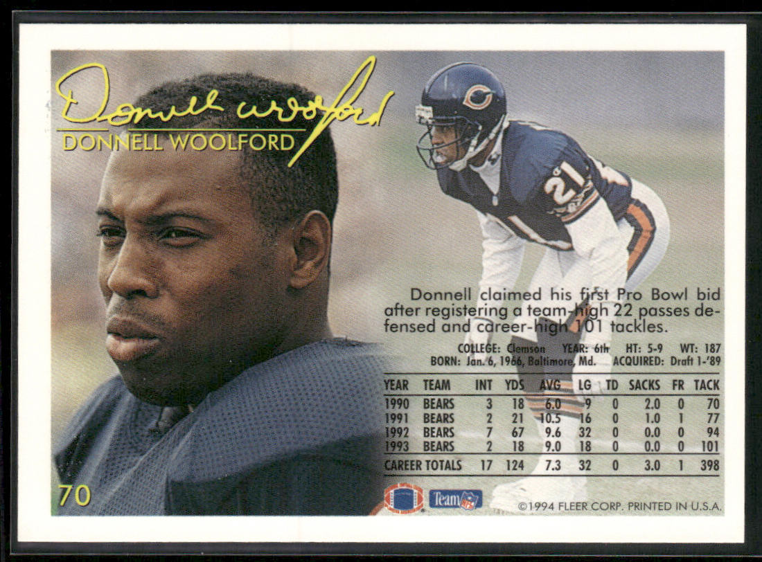 Donnell Woolford 1994 Fleer #70 Chicago Bears