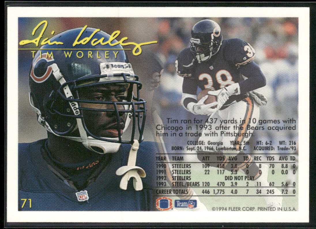 Tim Worley 1994 Fleer #71 Chicago Bears