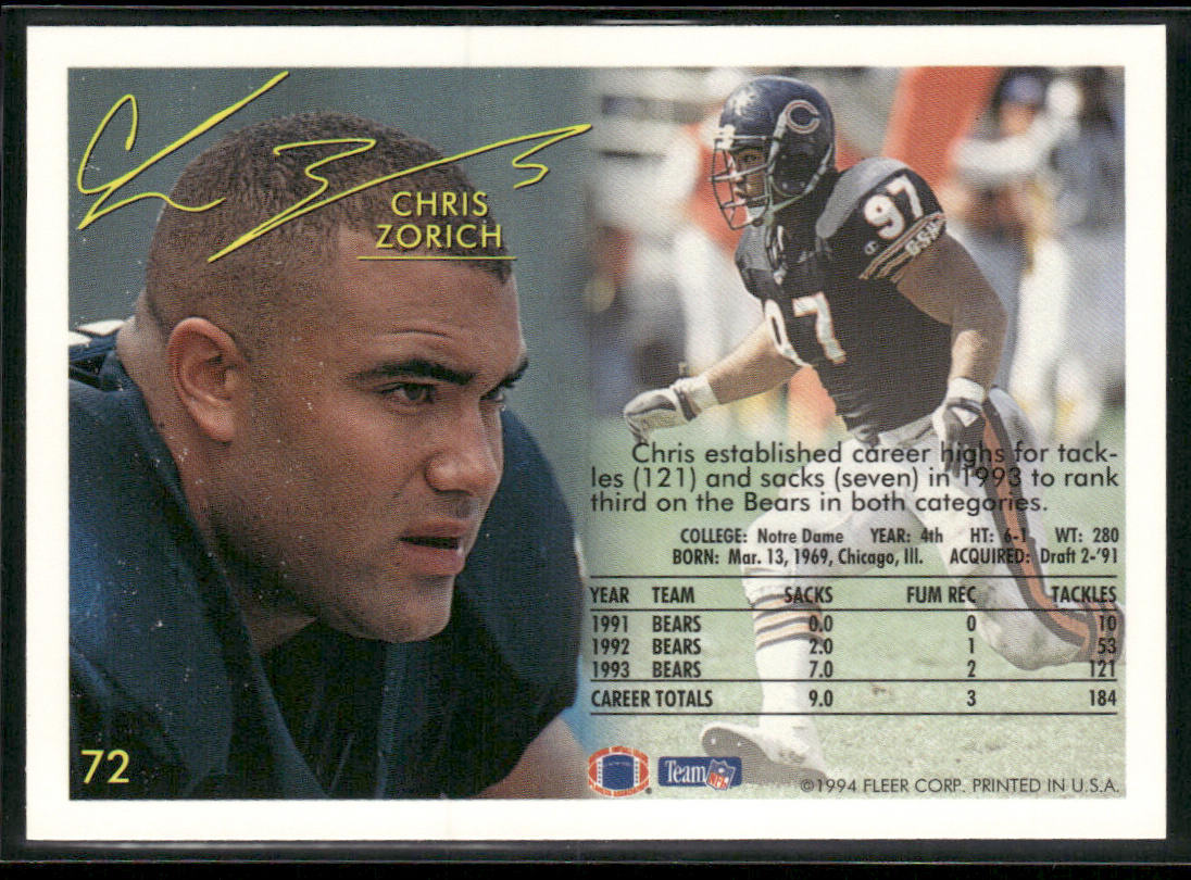 Chris Zorich 1994 Fleer #72 Chicago Bears