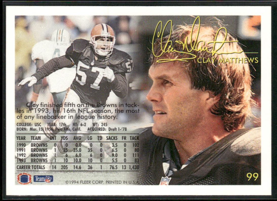 Clay Matthews 1994 Fleer #99 Cleveland Browns