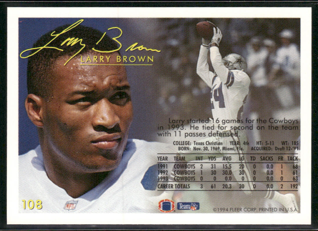 Larry Brown 1994 Fleer #108 Dallas Cowboys