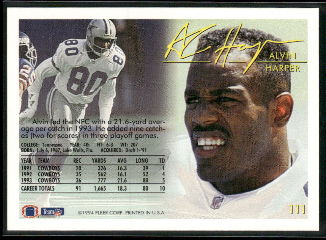 Alvin Harper 1994 Fleer #111 Dallas Cowboys