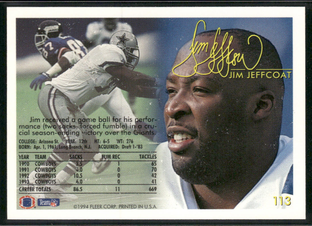 Jim Jeffcoat 1994 Fleer #113 Dallas Cowboys