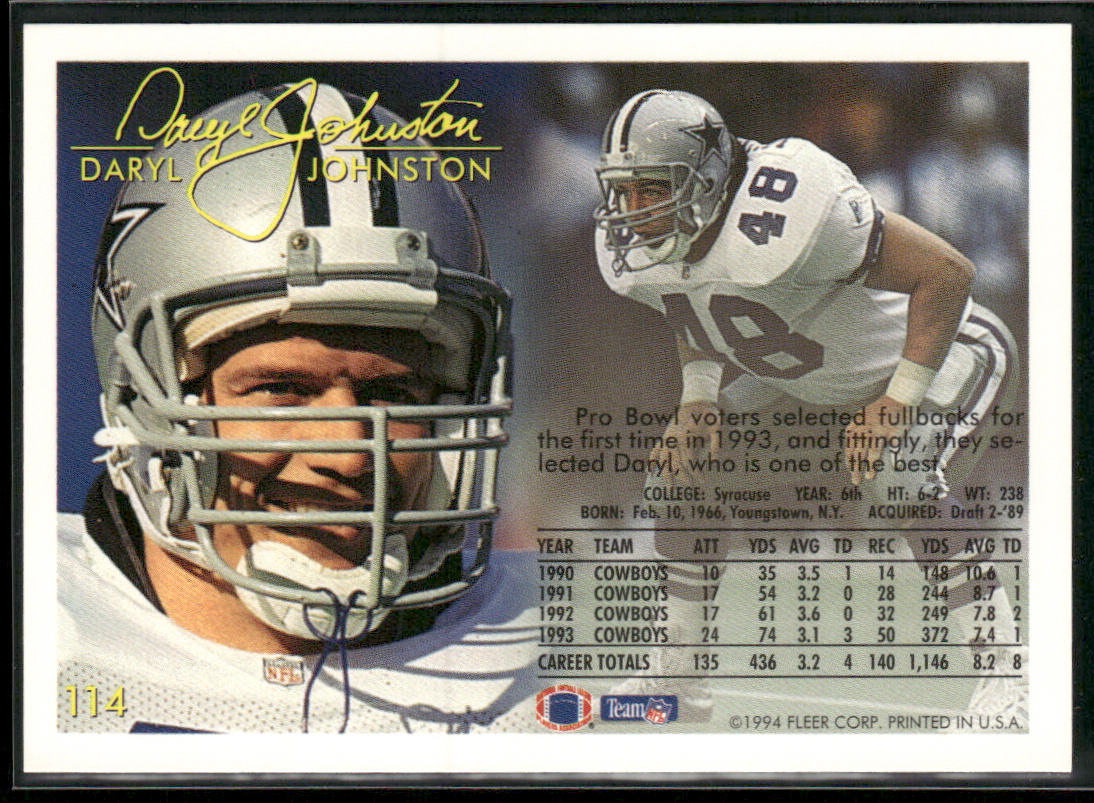 Daryl Johnston 1994 Fleer #114 Dallas Cowboys