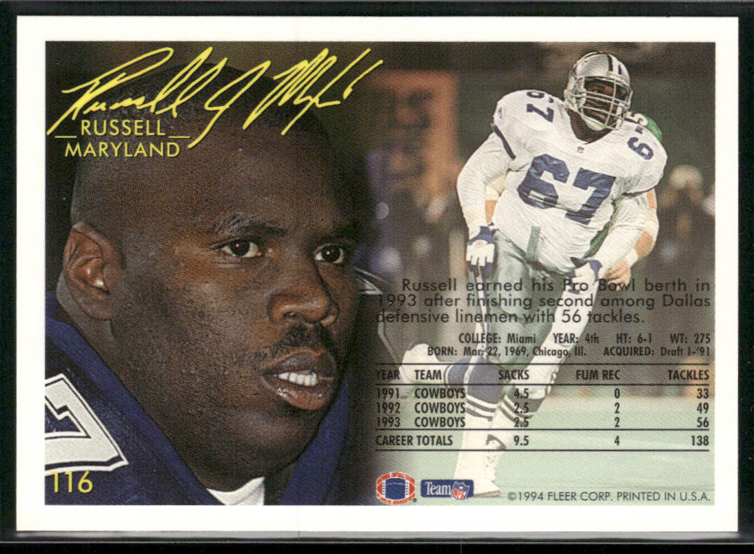 Russell Maryland 1994 Fleer #116 Dallas Cowboys