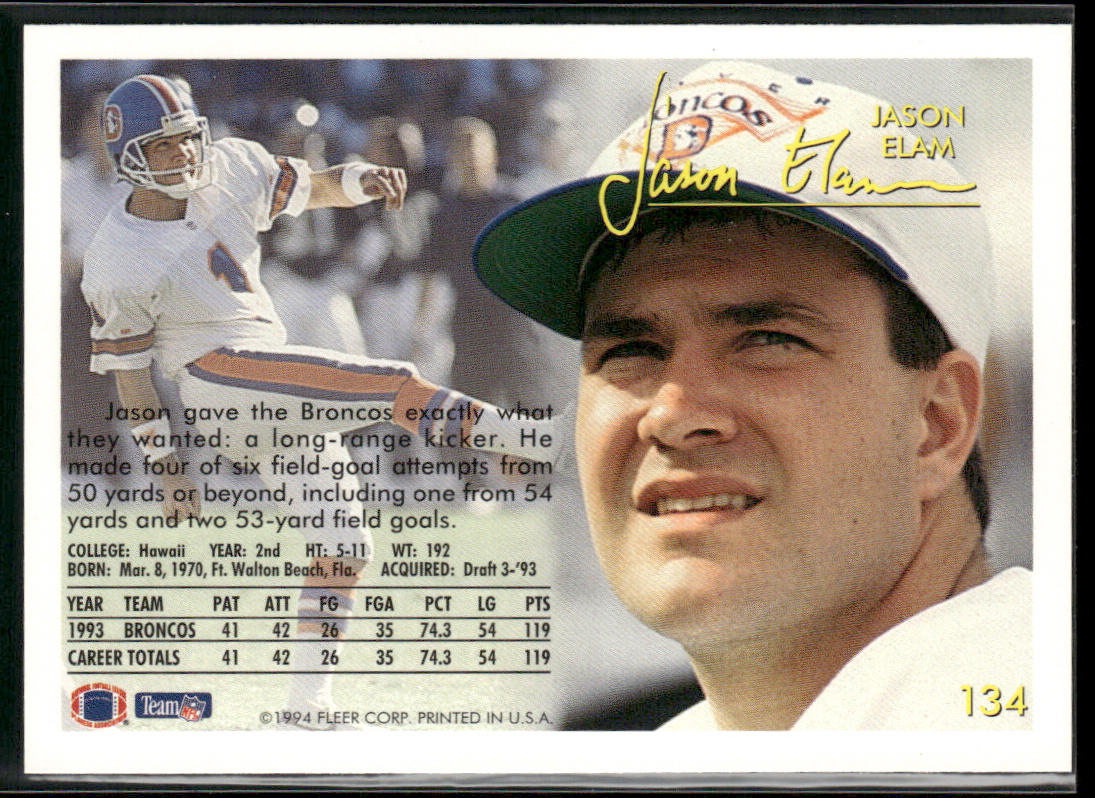 Jason Elam 1994 Fleer #134 Denver Broncos