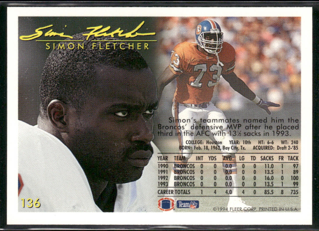 Simon Fletcher 1994 Fleer #136 Denver Broncos