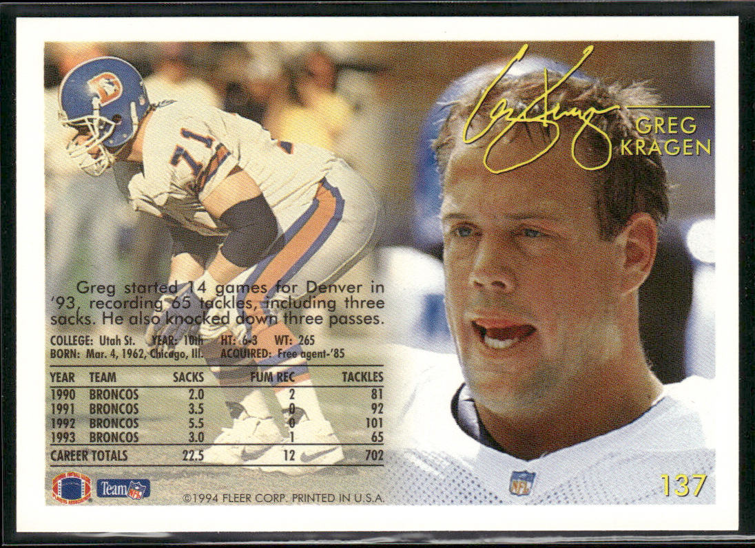 Greg Kragen 1994 Fleer #137 Denver Broncos