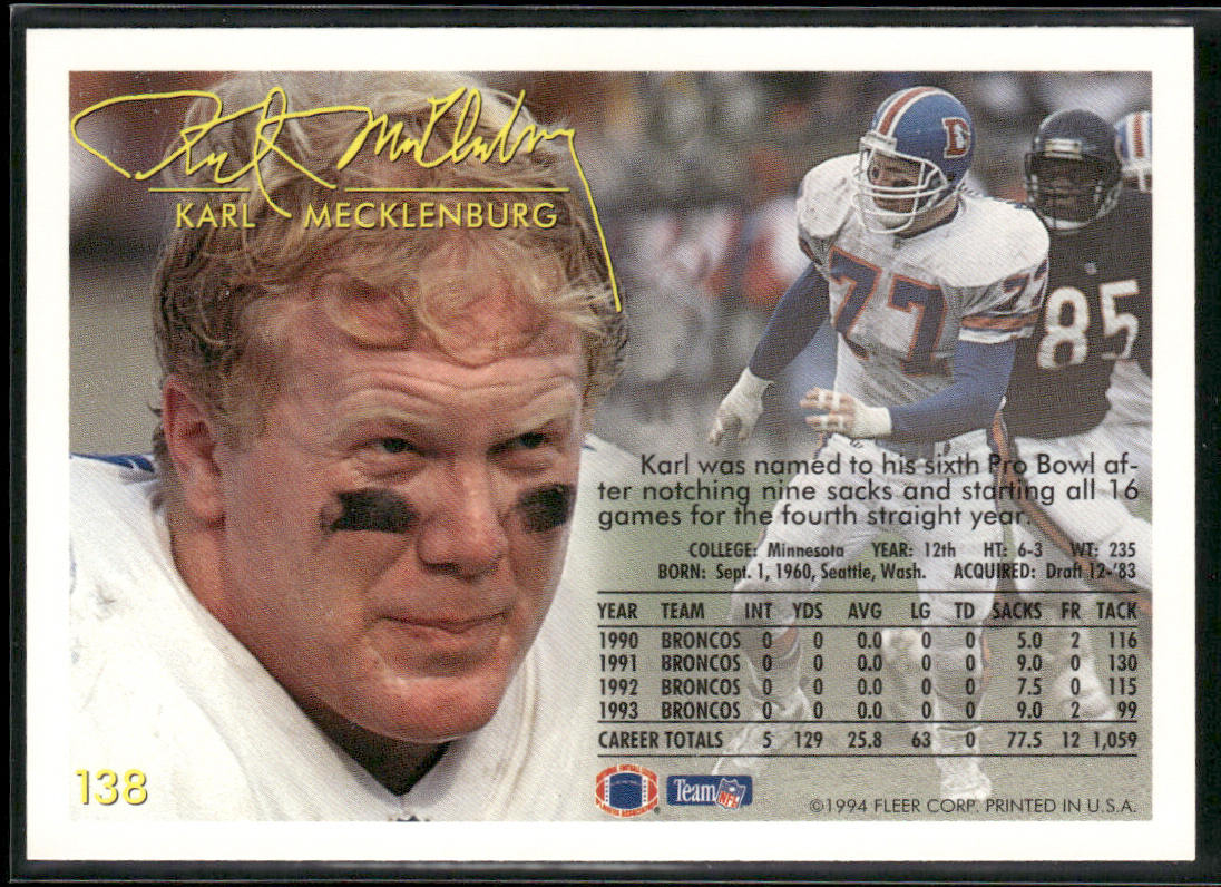 Karl Mecklenburg 1994 Fleer #138 Denver Broncos