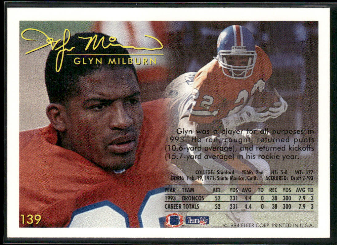 Glyn Milburn 1994 Fleer #139 Denver Broncos