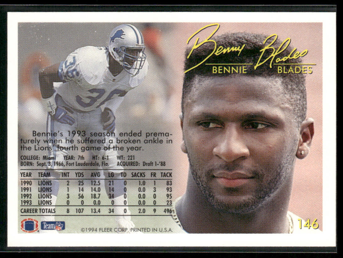 Bennie Blades 1994 Fleer #146 Detroit Lions