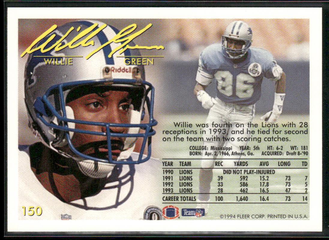 Willie Green 1994 Fleer #150 Detroit Lions