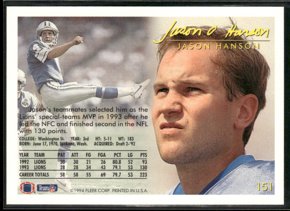 Jason Hanson 1994 Fleer #151 Detroit Lions