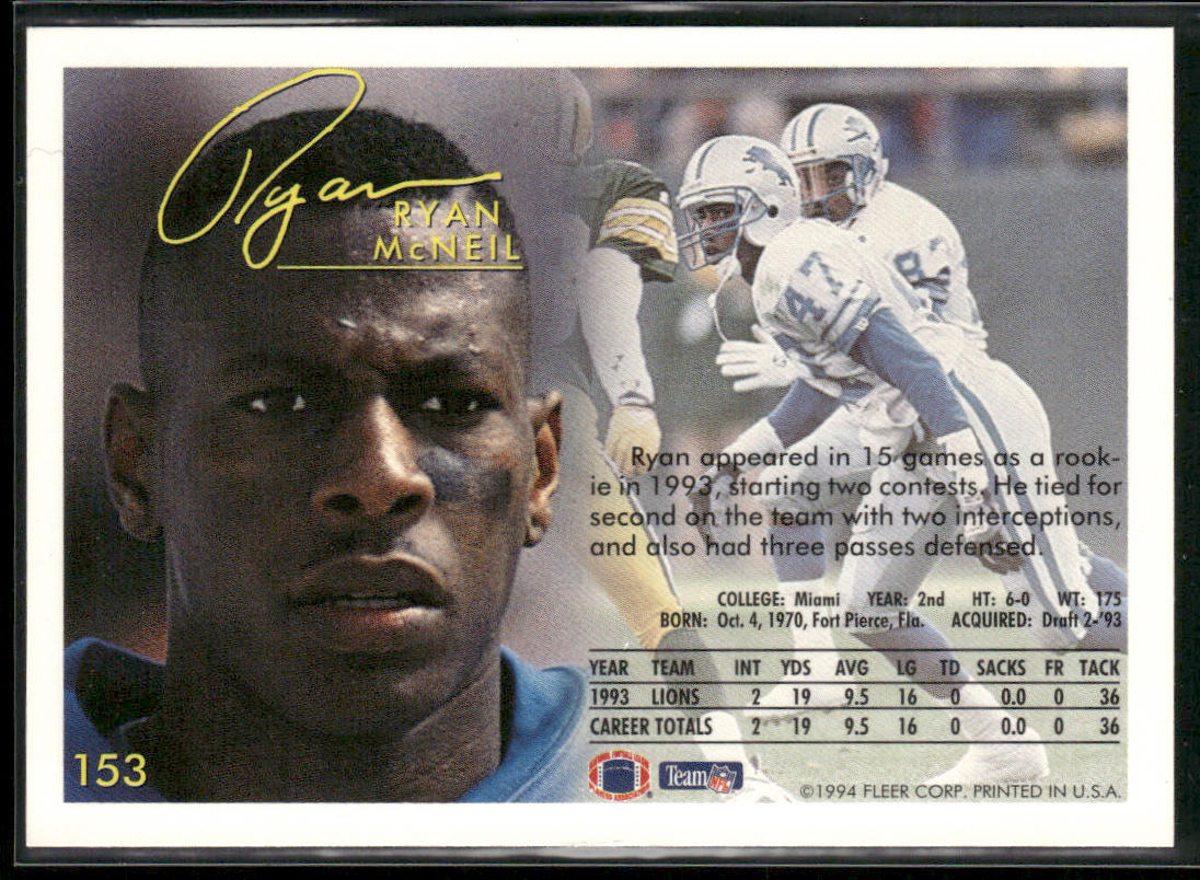 Ryan McNeil 1994 Fleer #153 Detroit Lions