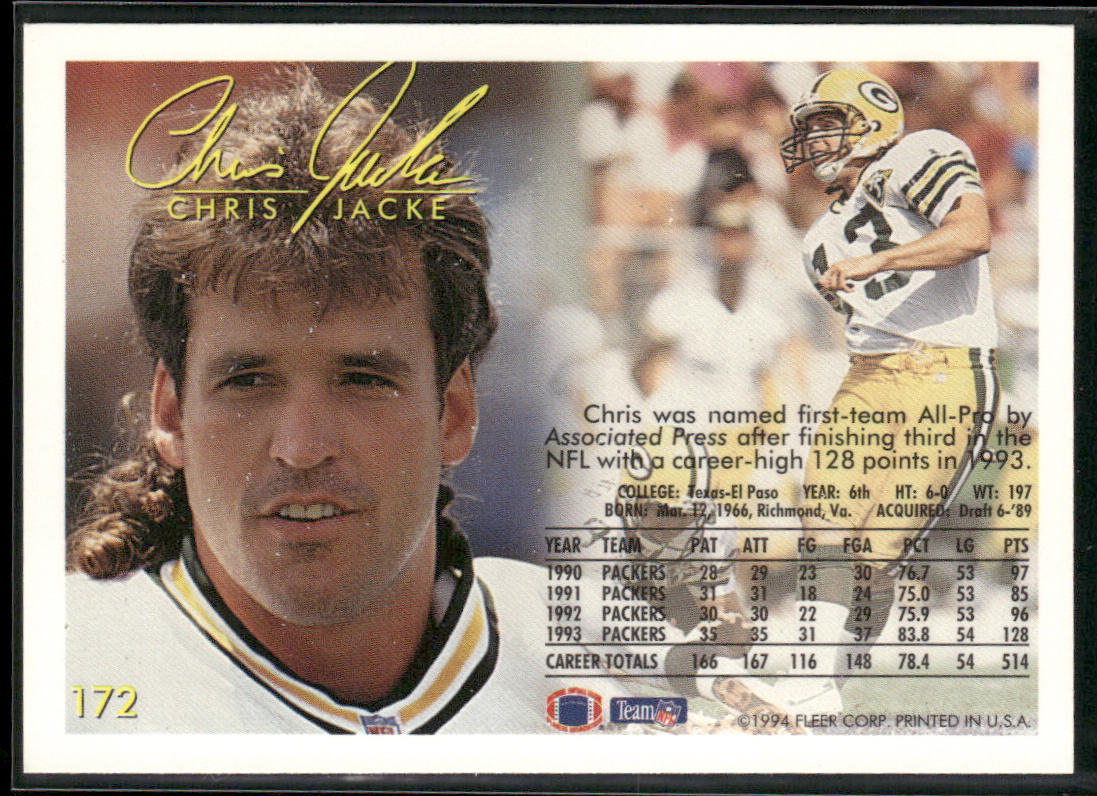 Chris Jacke 1994 Fleer #172 Green Bay Packers