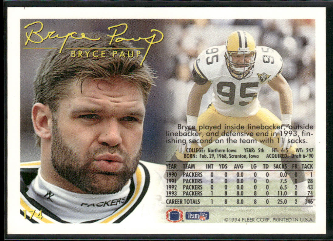 Bryce Paup 1994 Fleer #174 Green Bay Packers