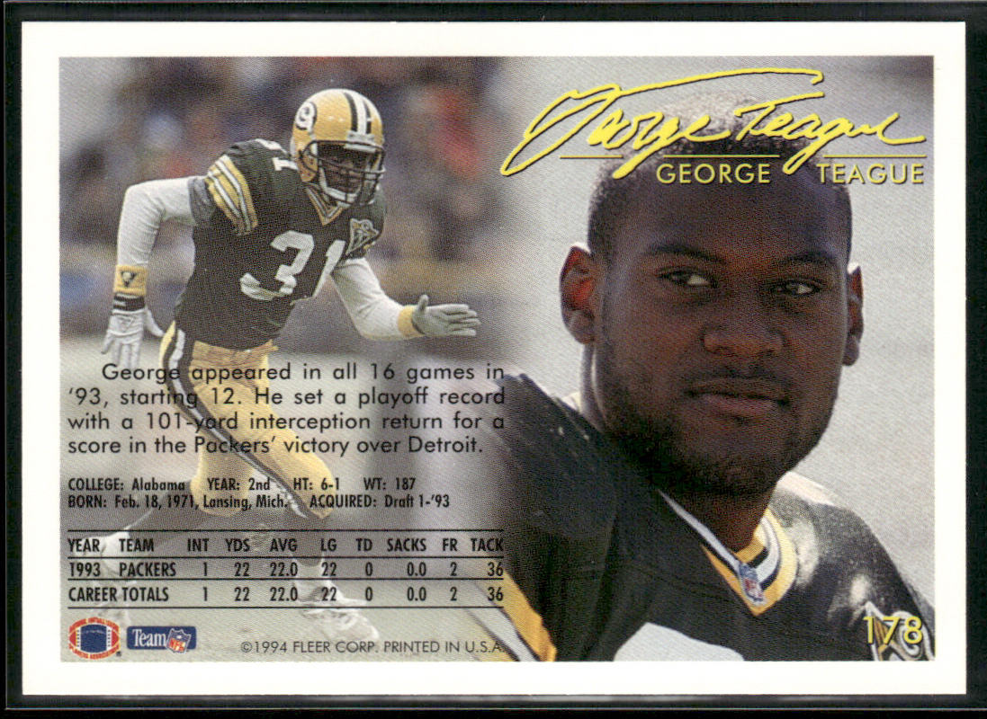 George Teague 1994 Fleer #178 Green Bay Packers