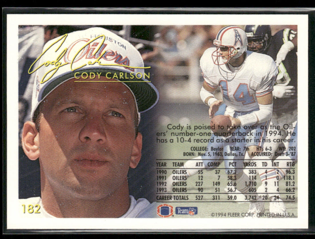 Cody Carlson 1994 Fleer #182 Houston Oilers