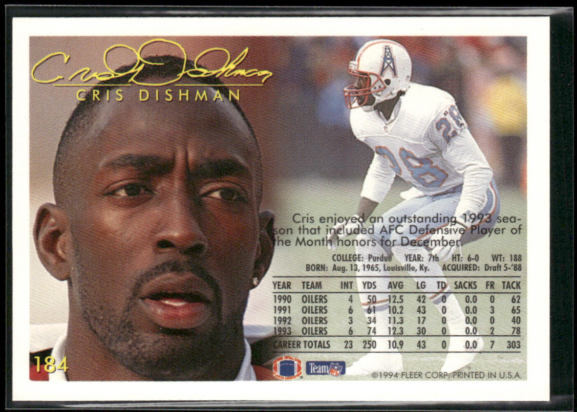 Cris Dishman 1994 Fleer #184 Houston Oilers