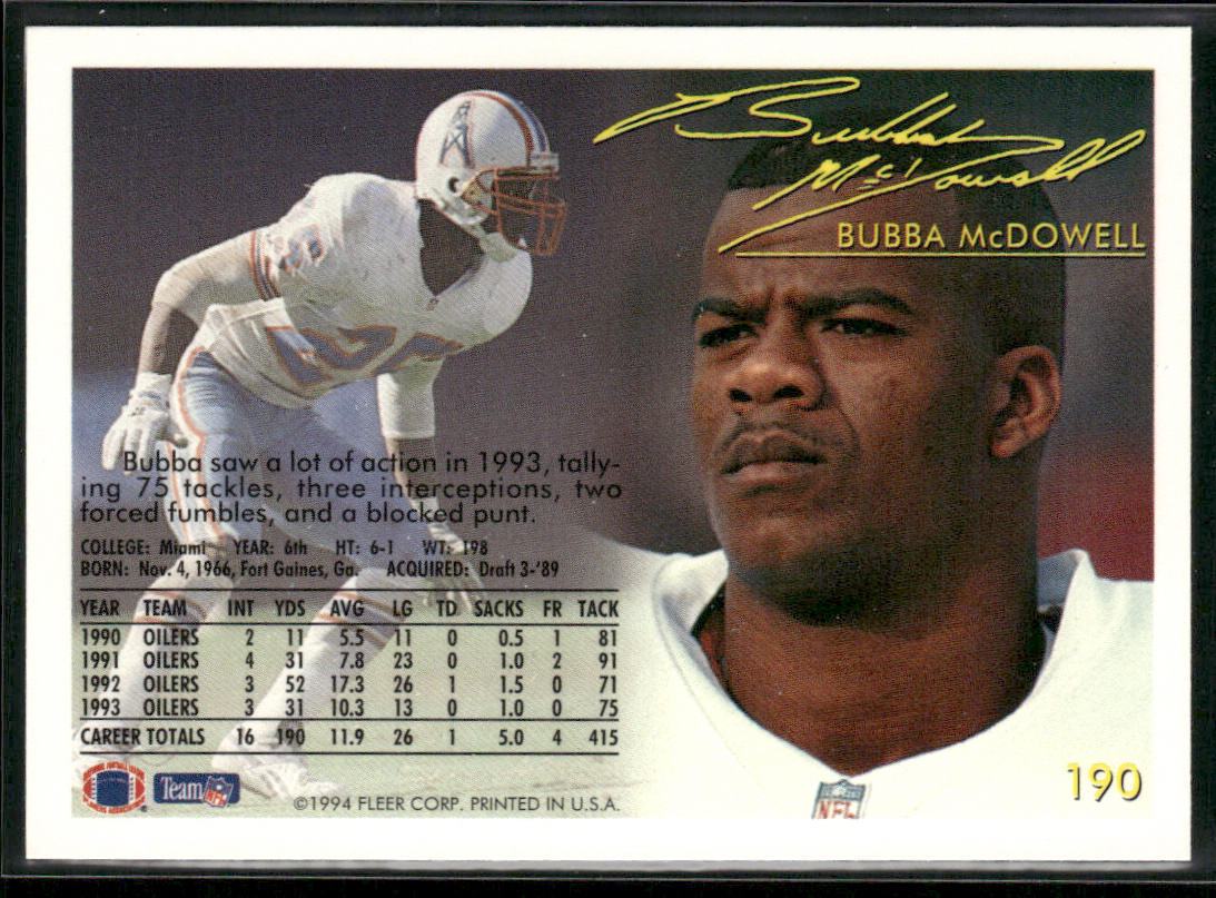Bubba McDowell 1994 Fleer #190 Houston Oilers