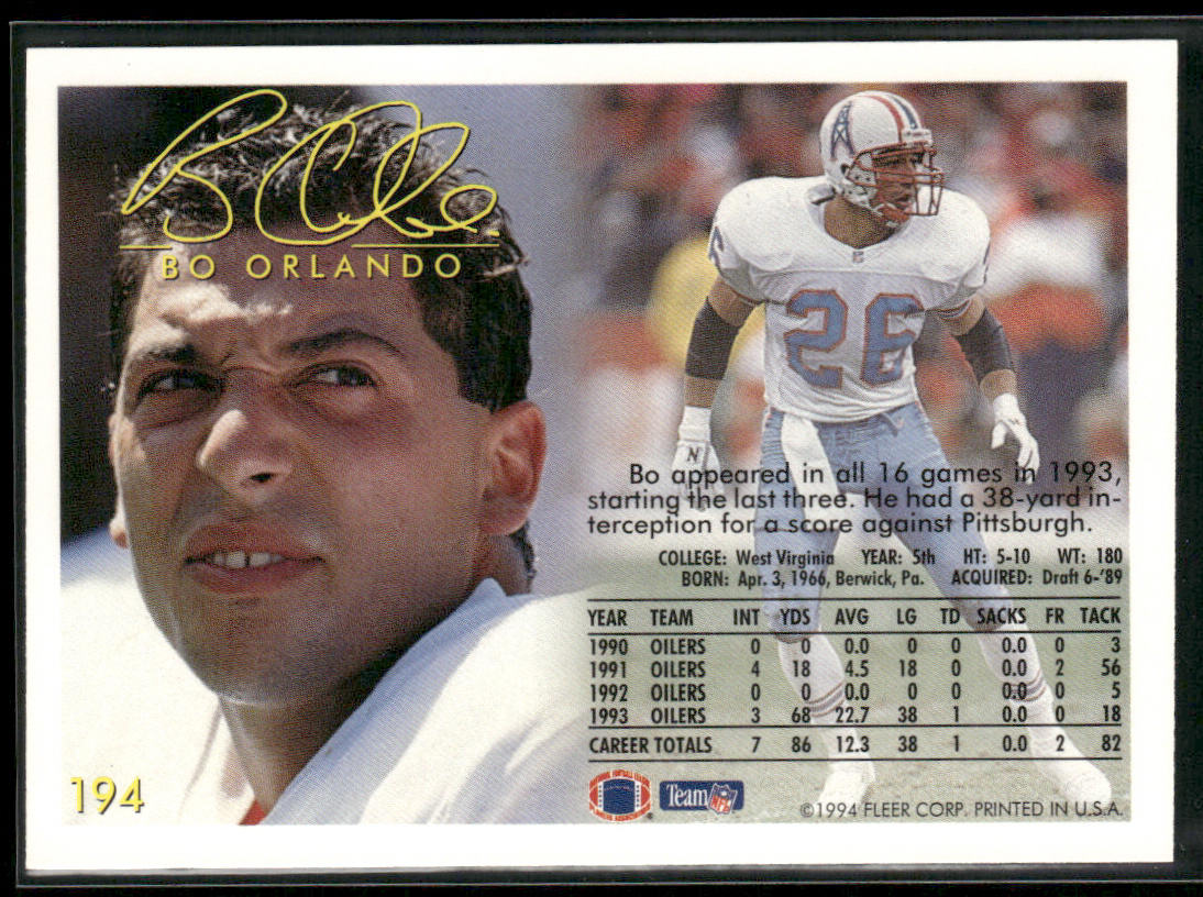 Bo Orlando 1994 Fleer #194 Houston Oilers