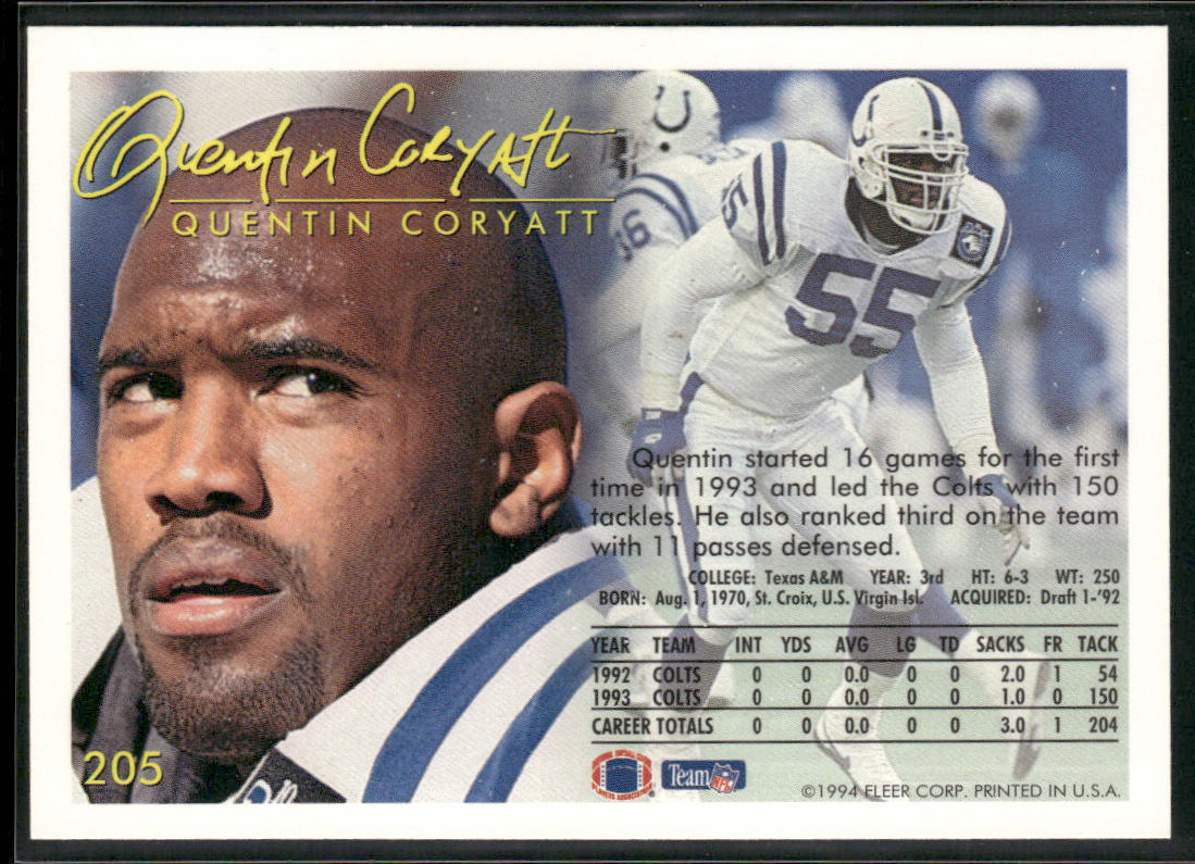 Quentin Coryatt 1994 Fleer #205 Indianapolis Colts