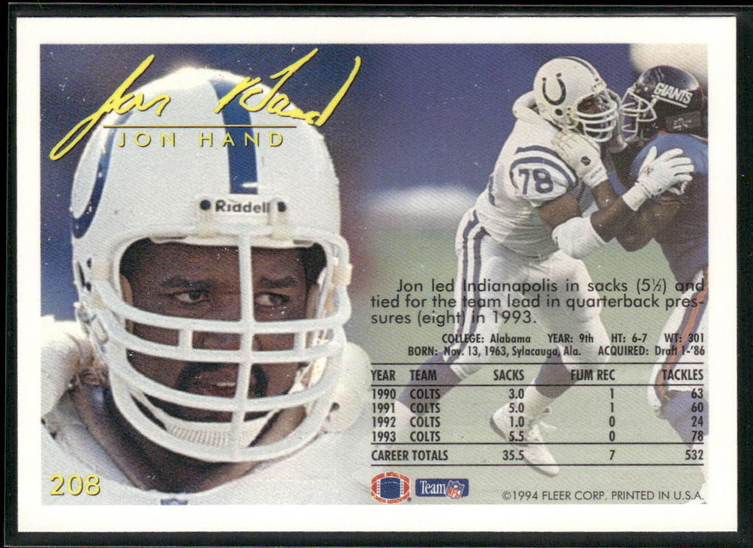 Jon Hand 1994 Fleer #208 Indianapolis Colts