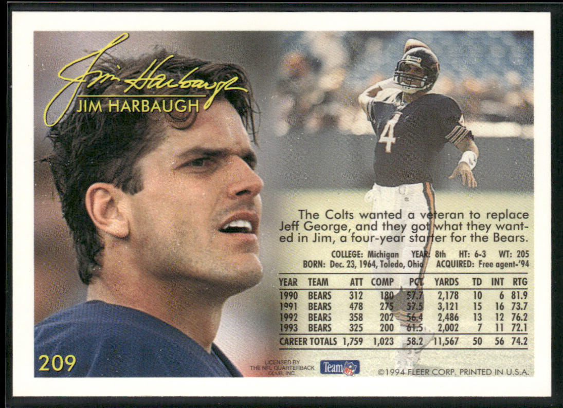 Jim Harbaugh 1994 Fleer #209 Indianapolis Colts