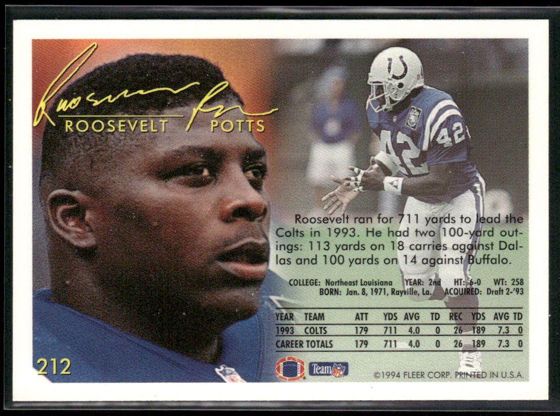 Roosevelt Potts 1994 Fleer #212 Indianapolis Colts