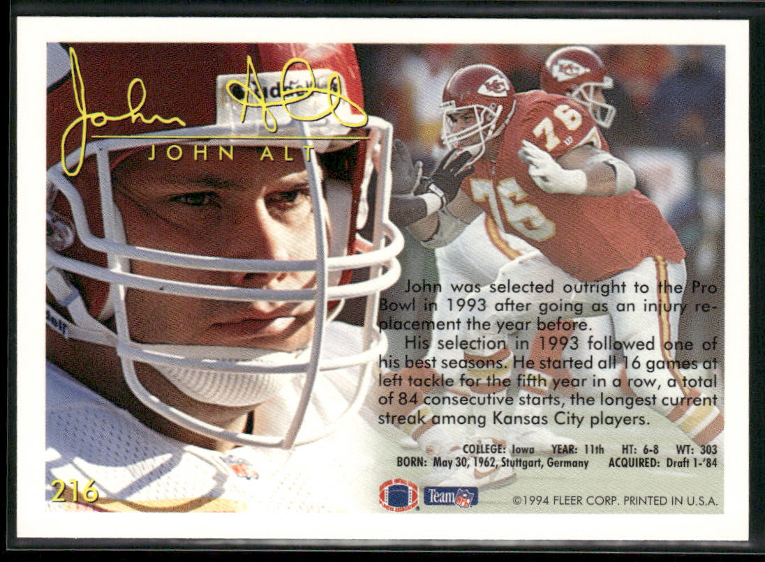 John Alt 1994 Fleer #216 Kansas City Chiefs