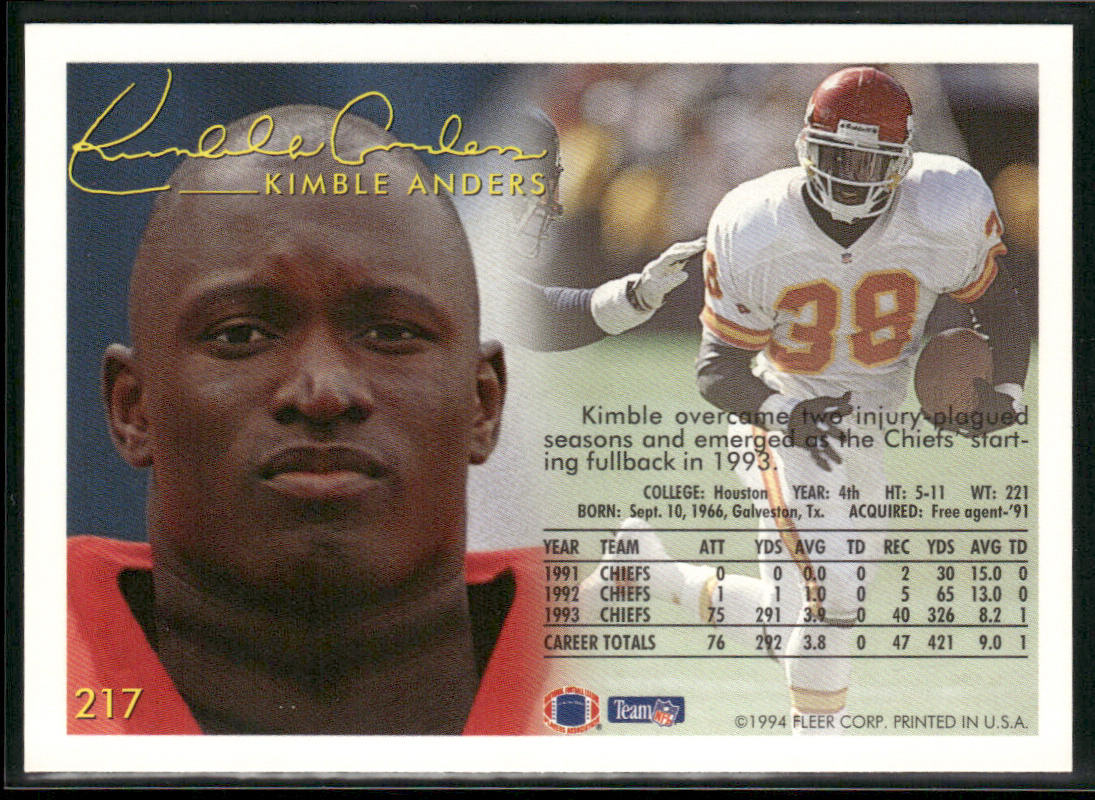 Kimble Anders 1994 Fleer #217 Kansas City Chiefs