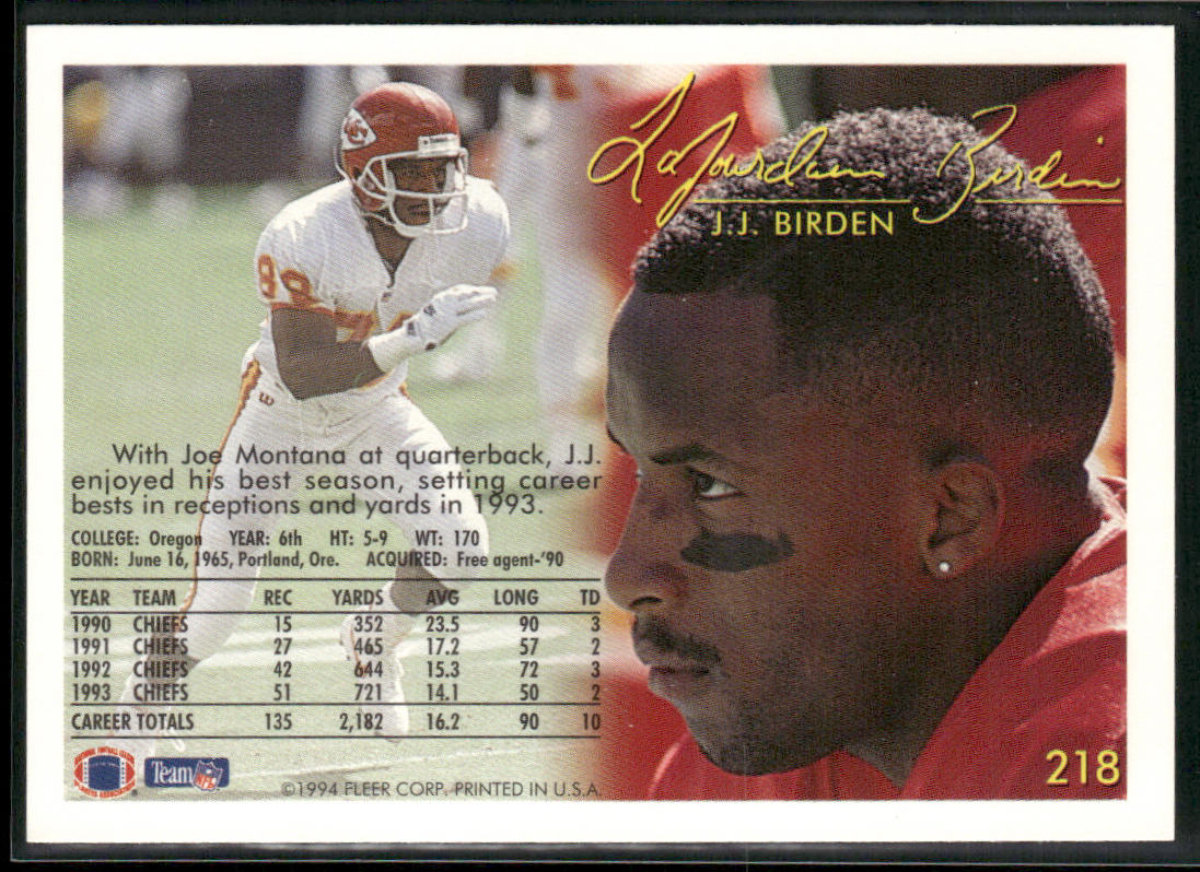 J.J. Birden 1994 Fleer #218 Kansas City Chiefs