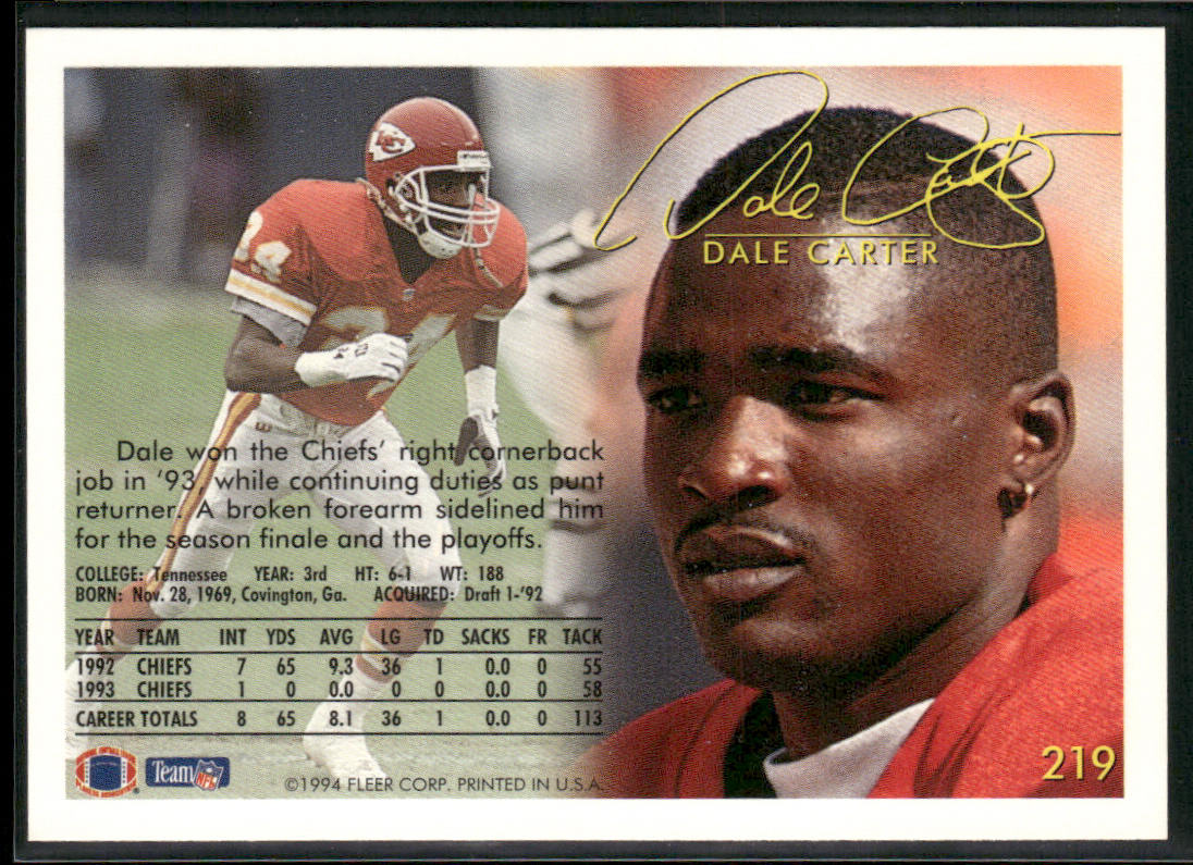 Dale Carter 1994 Fleer #219 Kansas City Chiefs
