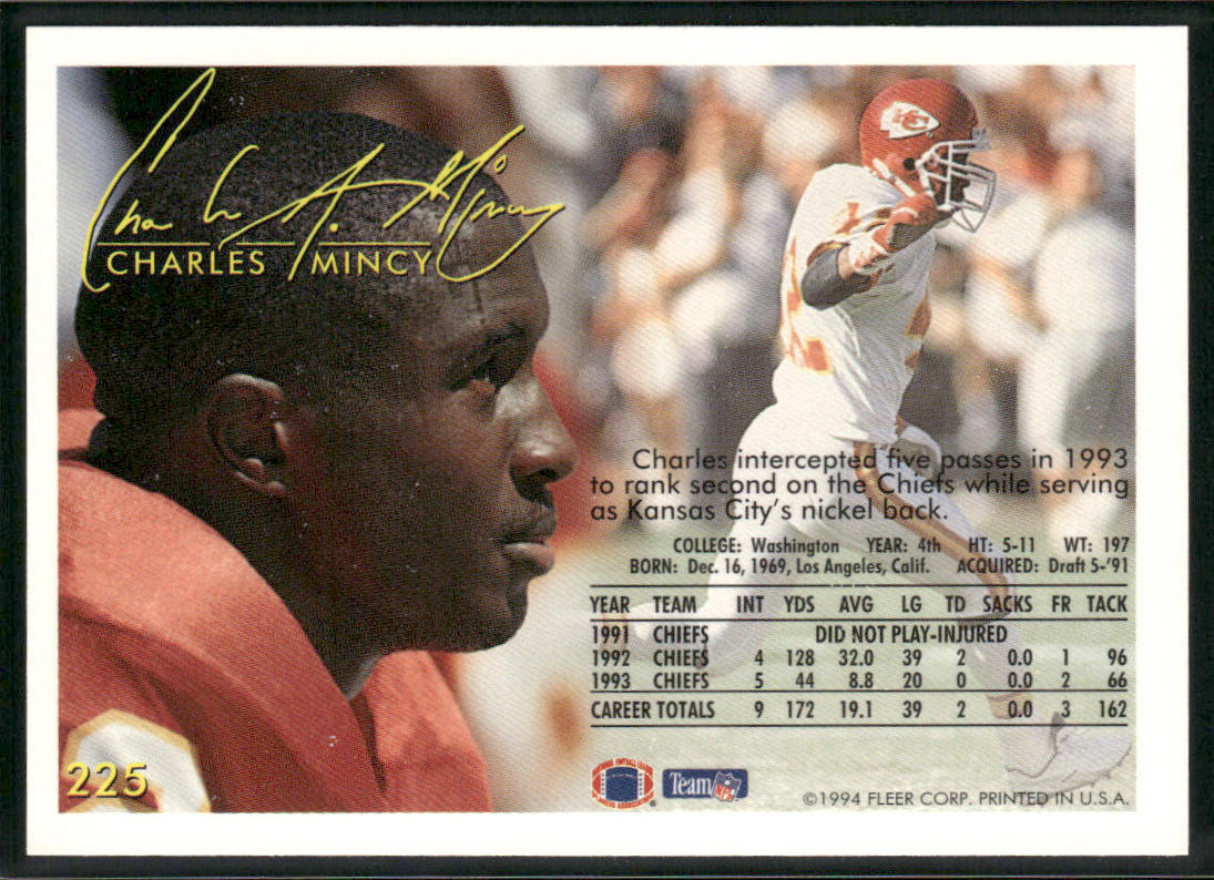 Charles Mincy 1994 Fleer #225 Kansas City Chiefs