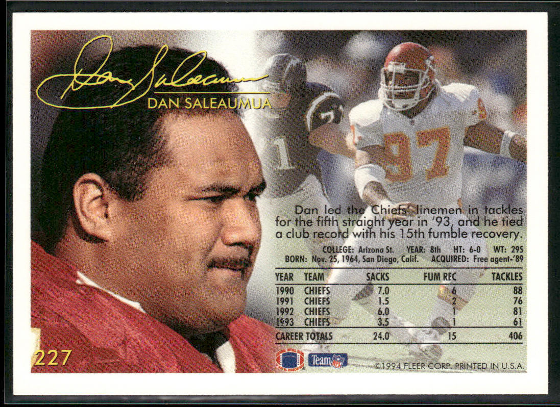 Dan Saleaumua 1994 Fleer #227 Kansas City Chiefs
