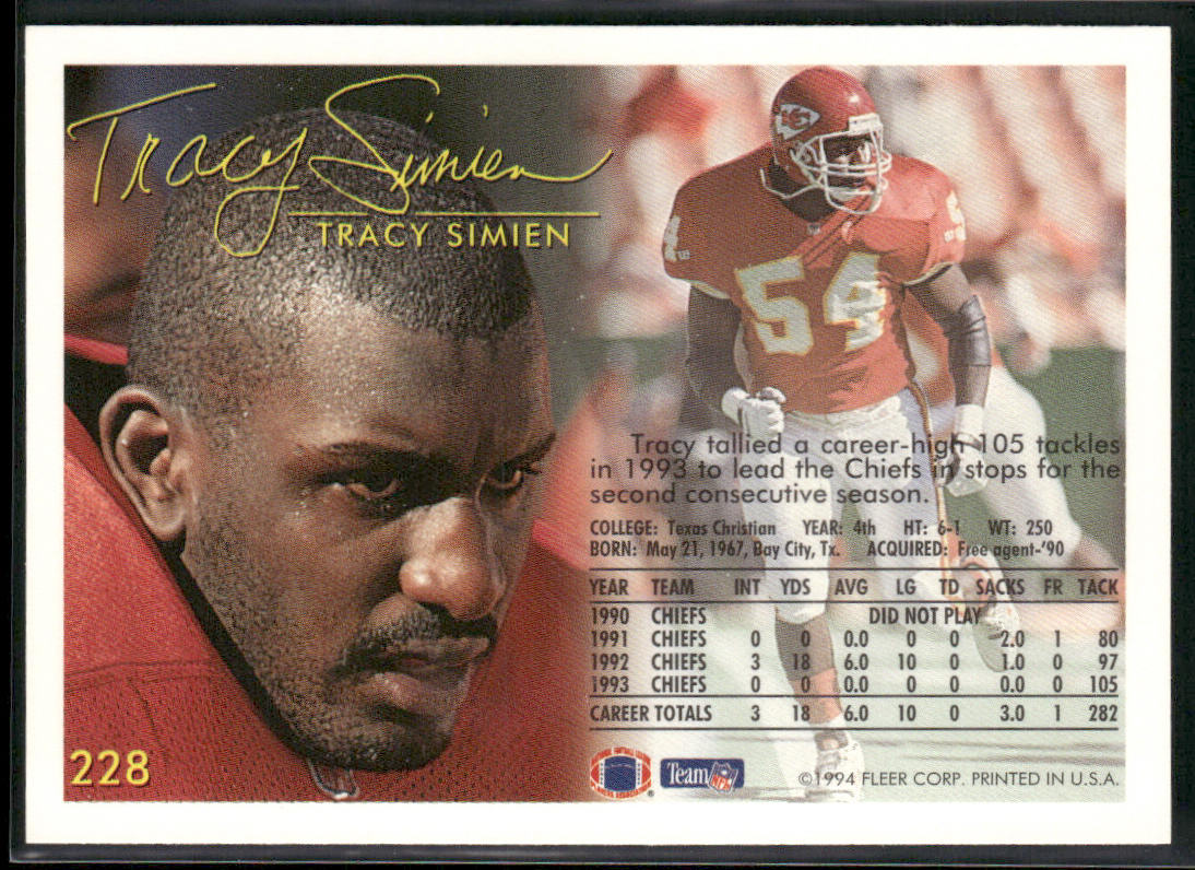 Tracy Simien 1994 Fleer #228 Kansas City Chiefs