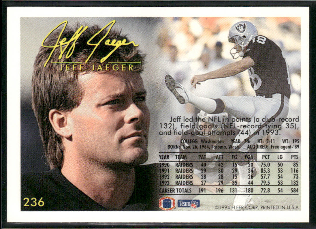 Jeff Jaeger 1994 Fleer #236 Los Angeles Raiders